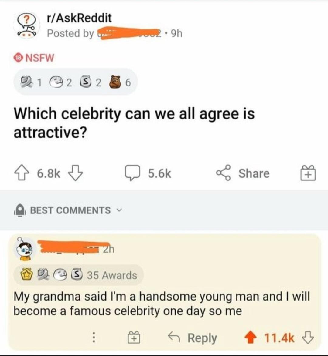 QL rAskReddit Posted by RS Oh ONSFW R1282 8 Which celebrity can we all agree is attractive 68k s6k Share R BEST COMMENTS n R 2 E 35Awards My grandma said Im a handsome young man and will become a famous celebrity one day so me S Reply 4 14k