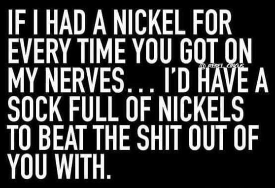 IF I HAD A NICKEL FOR EVERY TIME YOU GOT ON MY NERVES... I'D HAVE A SOCK FULL OF NICKELS TO BEAT THE SHIT OUT OF YOU WITH.