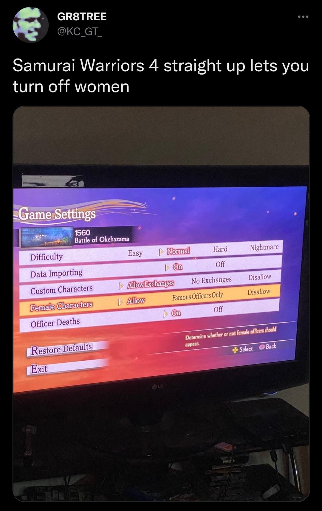 GRSTREE KCG Samurai Warriors 4 straight up lets you turn off women