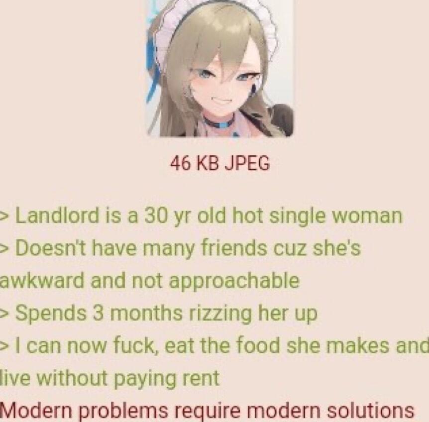 46 KB JPEG Landlord is a 30 yr old hot single woman Doesnt have many friends cuz shes awkward and not approachable Spends 3 months rizzing her up can now fuck eat the food she makes and ive without paying rent Modern problems require modern solutions
