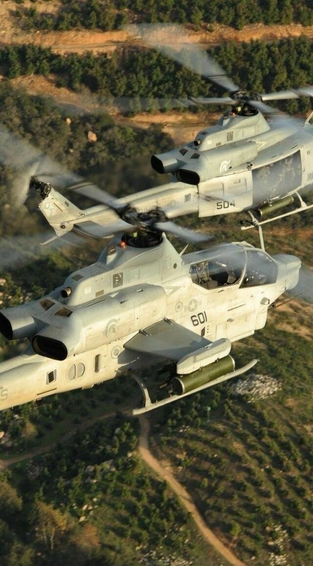 Two military helicopters, possibly AH-1 Cobras, flying over a green, hilly landscape. One helicopter has the number '601' and the other '504' visible on its side.