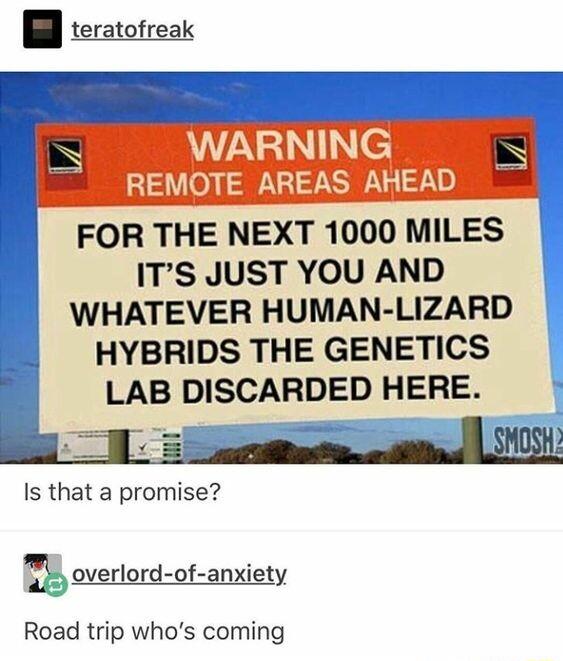teratofreak S WARNING S REMOTE AREAS AHEAD FOR THE NEXT 1000 MILES ITS JUST YOU AND WHATEVER HUMAN LIZARD HYBRIDS THE GENETICS LAB DISCARDED HERE Is that a promise QWV Road trip whos coming