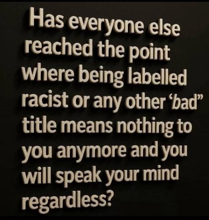 Has everyone else reached the point where being labelled racist or any other ‘bad’ title means nothing to you anymore and you will speak your mind regardless?