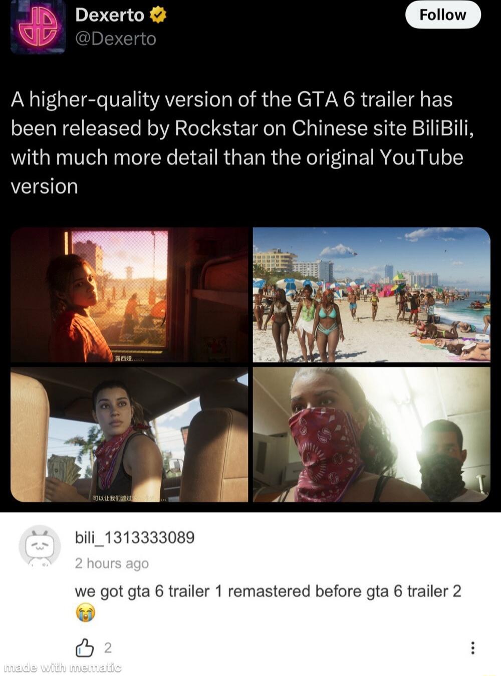 et Follow A higher quality version of the GTA 6 trailer has been released by Rockstar on Chinese site BiliBili with much more detail than the original YouTube version bili_131 gta 6 trailer 1 rema