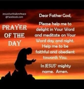 JesusOurShalomPeace @Facebook.com PRAYER OF THE DAY Dear Father God, Please help me to delight in Your Word and meditate on Your Word day and night. Help me to be faithful and obedient towards You. In JESUS' mighty name. Amen.