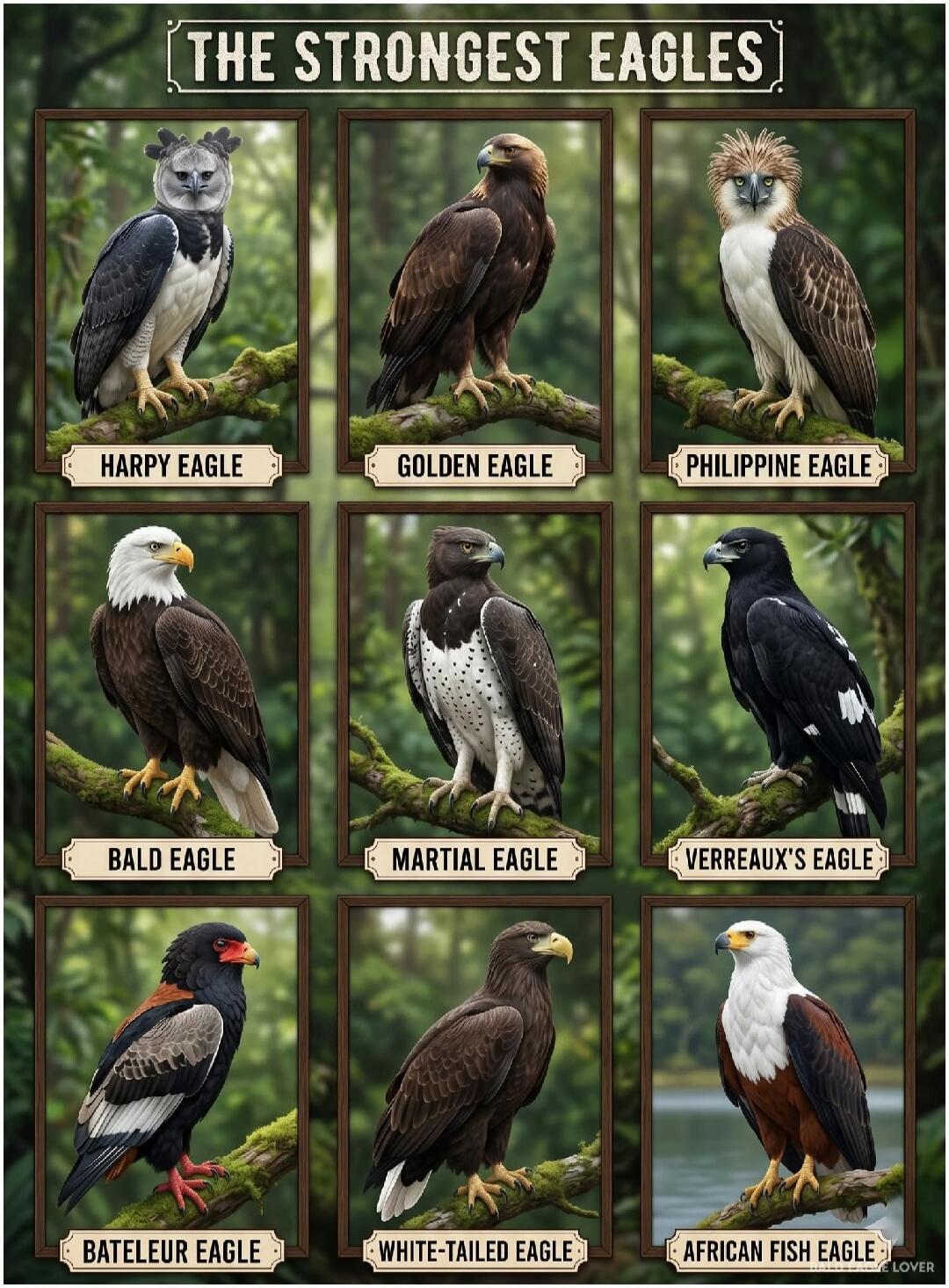 THE STRONGEST EAGLES. Harpy Eagle, Golden Eagle, Philippine Eagle, Bald Eagle, Martial Eagle, Verreaux's Eagle, Bateleur Eagle, White-tailed Eagle, African Fish Eagle.