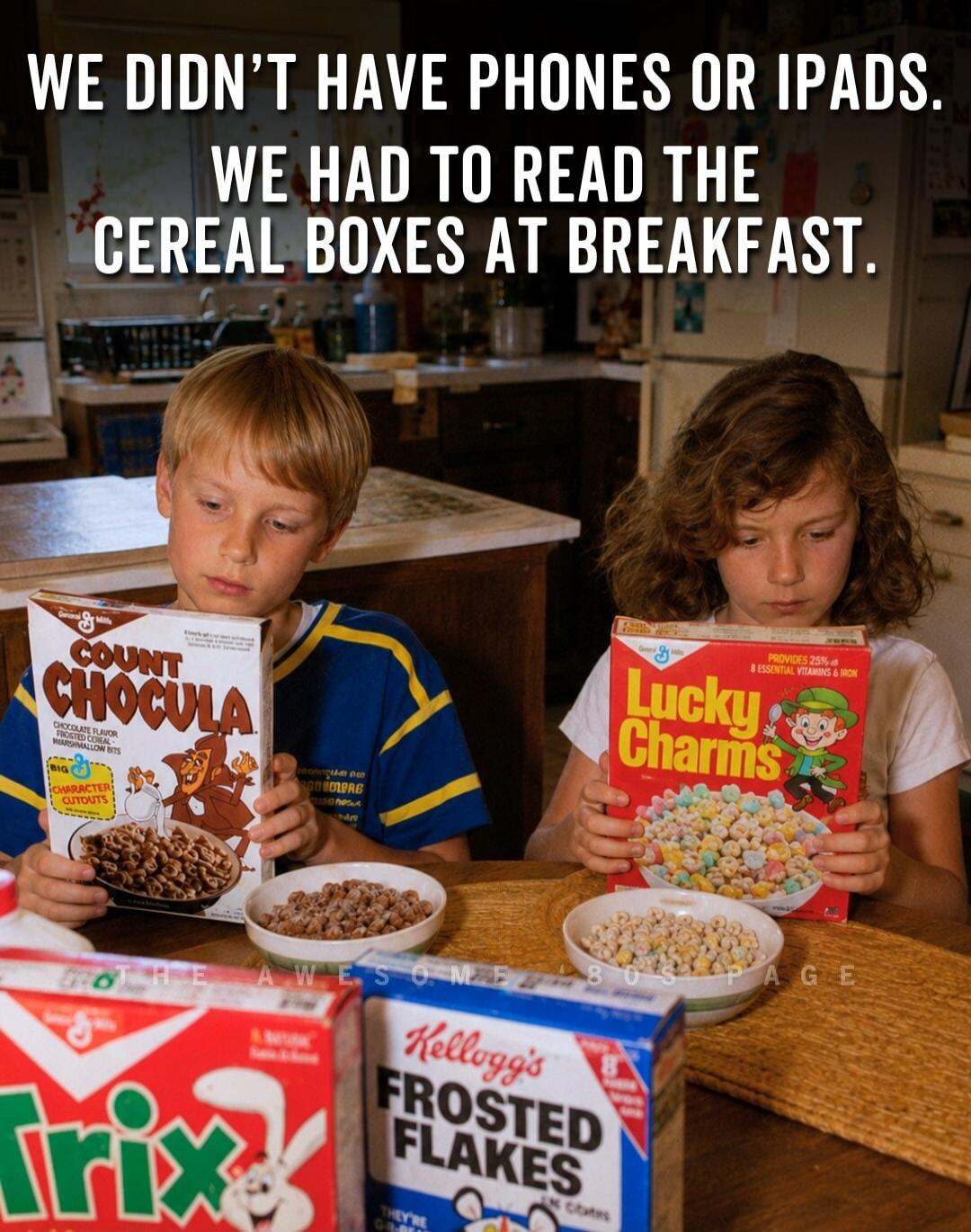 WE DIDN'T HAVE PHONES OR IPADS. WE HAD TO READ THE CEREAL BOXES AT BREAKFAST. Count Chocula. Lucky Charms. Trix. Kellogg's Frosted Flakes.