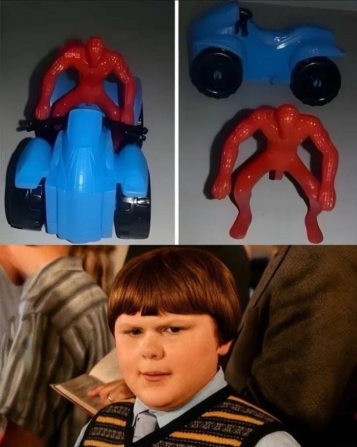 Spider-Man toy on a blue vehicle; a close-up of the same Spider-Man figure removed from the vehicle; a kid with a bowl haircut wearing a striped sweater