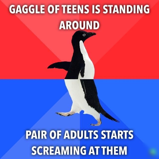 GAGGLE OF TEENS IS STANDING AROUND PAIR OF ADULTS STARTS SCREAMING AT THEM