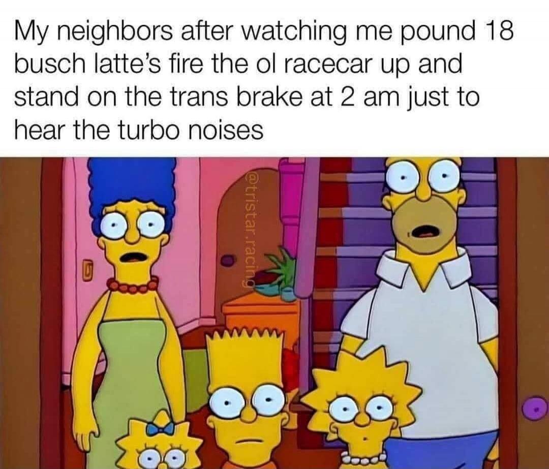 My neighbors after watching me pound 18 busch latte's fire the ol racecar up and stand on the trans brake at 2 am just to hear the turbo noises