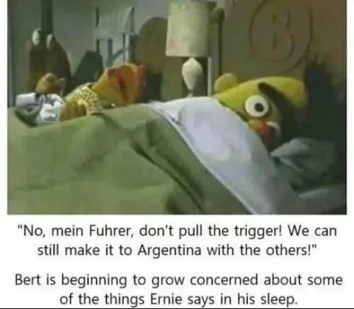 No mein Fuhrer dont pull the trigger We can still make it to Argentina with the others Bert is beginning to grow concerned about some of the things Ernie says in his sleep