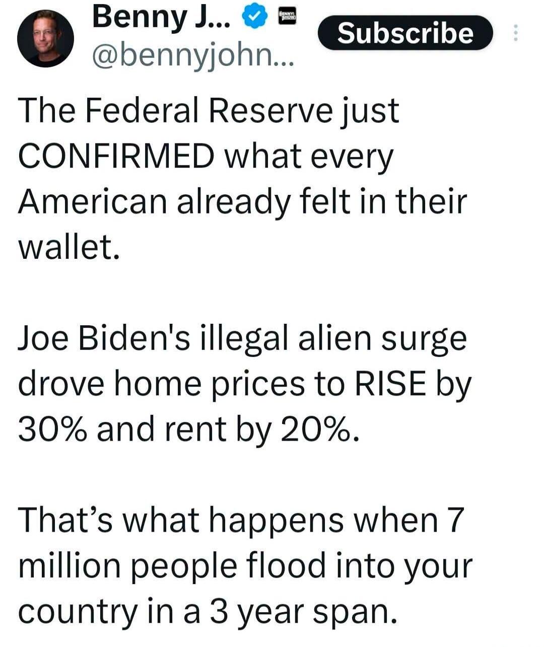 The Federal Reserve just CONFIRMED what every American already felt in their wallet. Joe Biden's illegal alien surge drove home prices to RISE by 30% and rent by 20%. That's what happens when 7 million people flood into your country in a 3 year span.