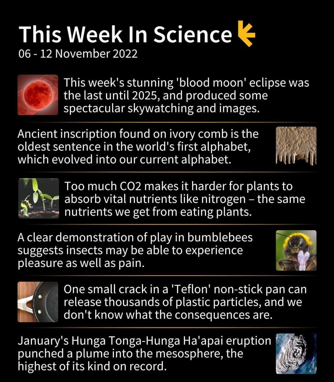This Week In Science 06 12 November 2022 This weeks stunning blood moon eclipse was the last until 2025 and produced some spectacular skywatching and images Ancient inscription found on ivory comb is the oldest sentence in the worlds first alphabet which evolved into our current alphabet Too much CO2 makes it harder for plants to absorb vital nutrients like nitrogen the same A nutrients we get fro