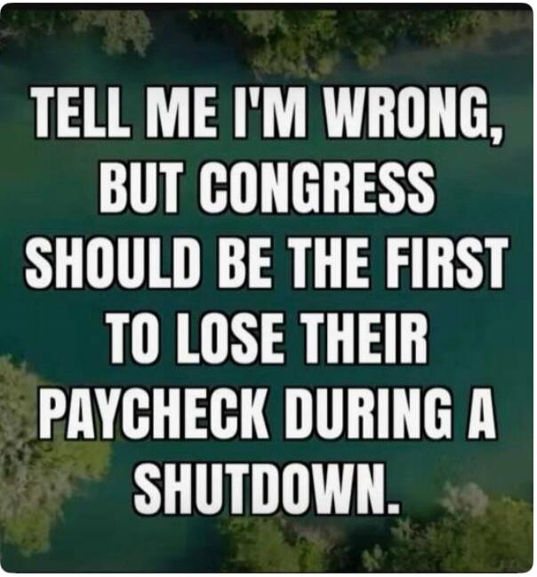 TELL ME I'M WRONG, BUT CONGRESS SHOULD BE THE FIRST TO LOSE THEIR PAYCHECK DURING A SHUTDOWN.
