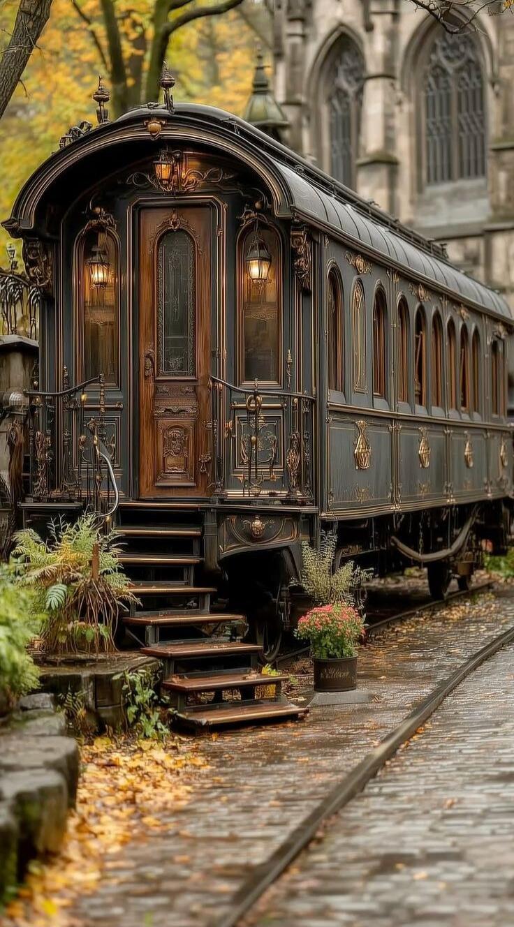 A vintage ornate train carriage on tracks beside a cobblestone street, with autumn leaves and a church in the background.