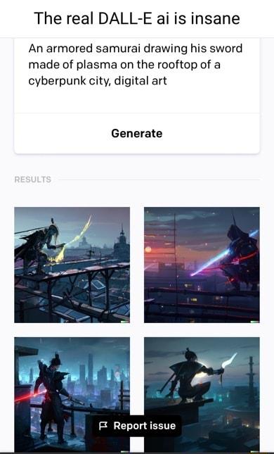 The real DALL E ai is insane An armored samurai drawing his sword made of plasma on the rooftop of a cyberpunk city digital art Generate A Report issue