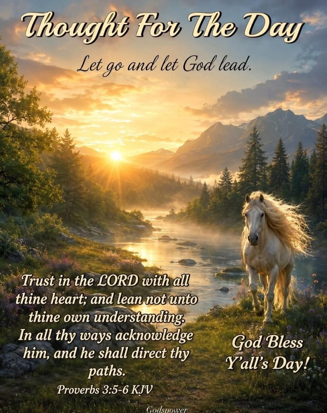 Thought For The Day. Let go and let God lead. Trust in the LORD with all thine heart; and lean not unto thine own understanding. In all thy ways acknowledge him, and he shall direct thy paths. Proverbs 3:5-6 KJV. God Bless Y'all's Day! Godspower.