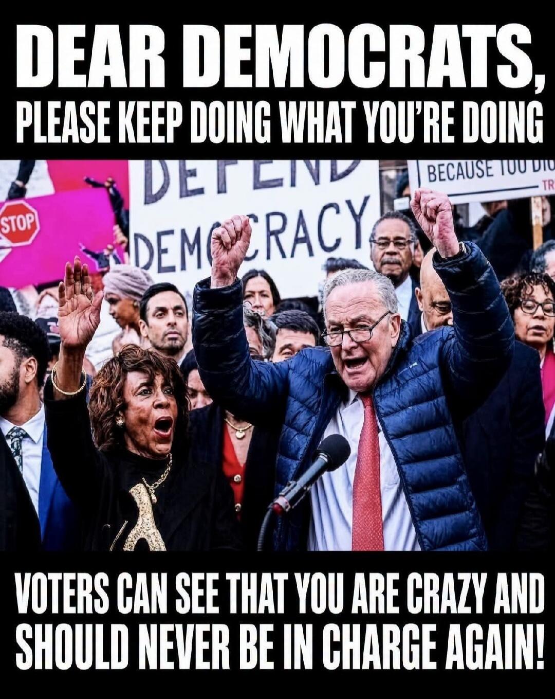 DEAR DEMOCRATS, PLEASE KEEP DOING WHAT YOU'RE DOING. VOTERS CAN SEE THAT YOU ARE CRAZY AND SHOULD NEVER BE IN CHARGE AGAIN! DEFEND DEMOCRACY. STOP.