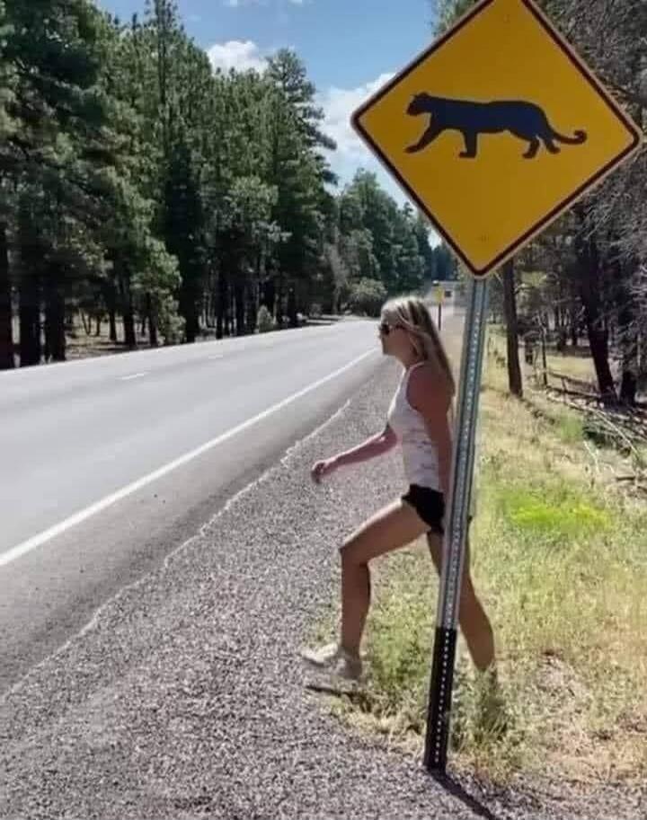 A woman walking past a road sign with a cougar silhouette, creating a visual illusion where her leg appears to be part of the animal.