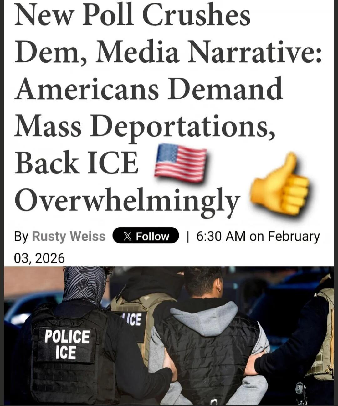 New Poll Crushes Dem, Media Narrative: Americans Demand Mass Deportations, Back ICE Overwhelmingly
By Rusty Weiss Follow | 6:30 AM on February 03, 2026