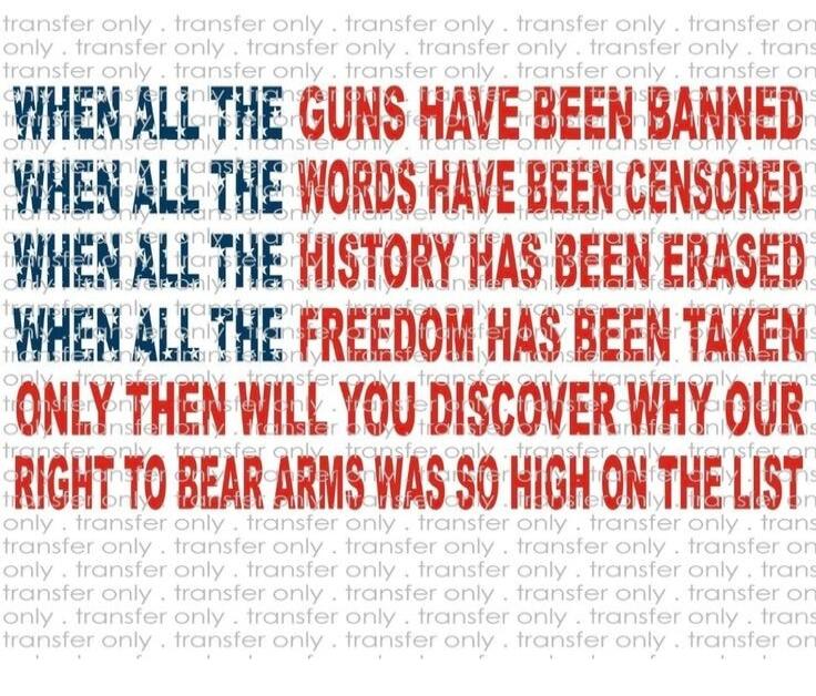 WHEN ALL THE GUNS HAVE BEEN BANNED WHEN ALL THE WORDS HAVE BEEN CENSORED WHEN ALL THE HISTORY HAS BEEN ERASED WHEN ALL THE FREEDOM HAS BEEN TAKEN ONLY THEN WILL YOU DISCOVER WHY OUR RIGHT TO BEAR ARMS WAS SO HIGH ON THE LIST