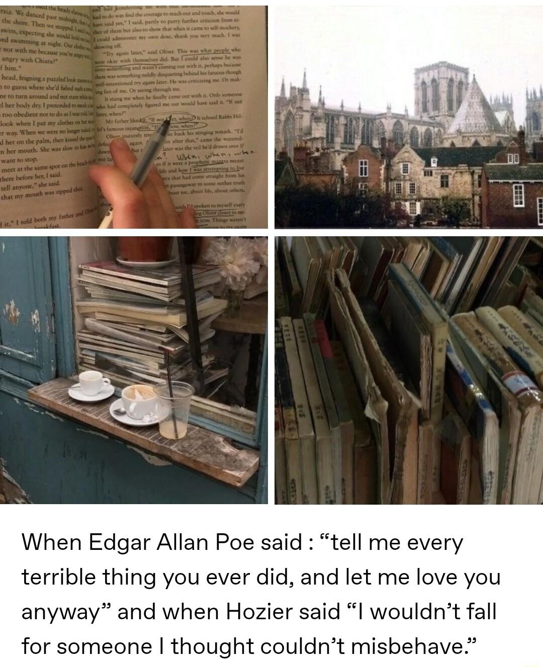 When Edgar Allan Poe said tell me every terrible thing you ever did and let me love you anyway and when Hozier said I wouldnt fall for someone thought couldnt misbehave