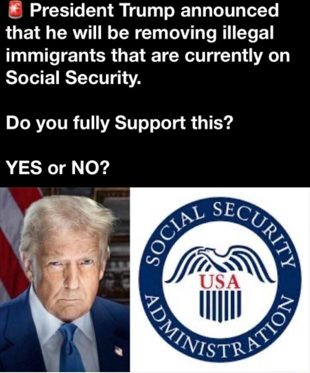 President Trump announced that he will be removing illegal immigrants that are currently on Social Security. Do you fully Support this? YES or NO?