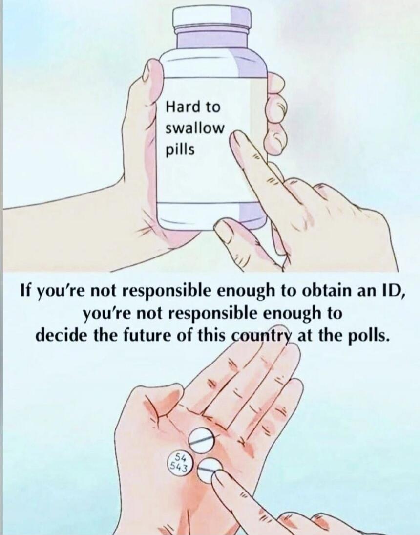 Hard to swallow pills
If you’re not responsible enough to obtain an ID, you’re not responsible enough to decide the future of this country at the polls.