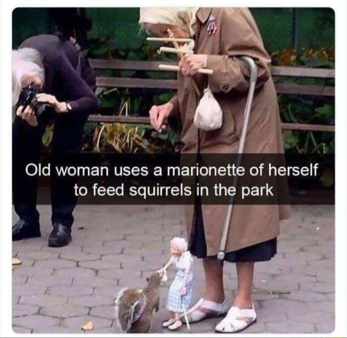 Old woman uses a marionette of herself to feed squirrels in the park il _ b