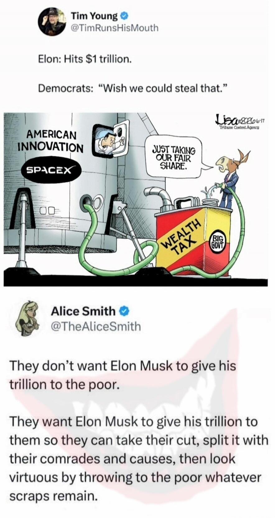 Tim Young @TimRunsHisMouth Elon: Hits $1 trillion. Democrats: 