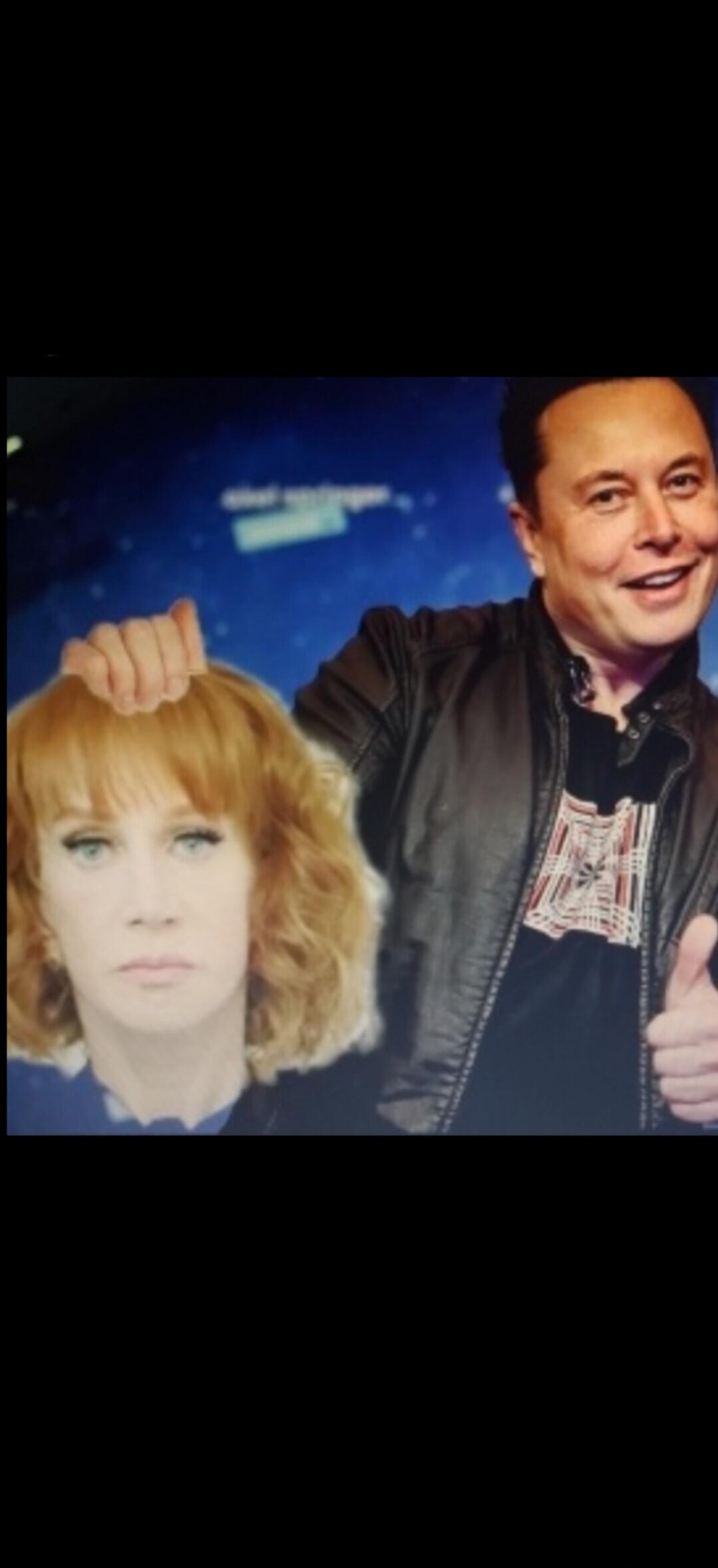 Elon Musk smiling and holding what appears to be the head or a wig of Kathy Griffin, who has a serious expression.