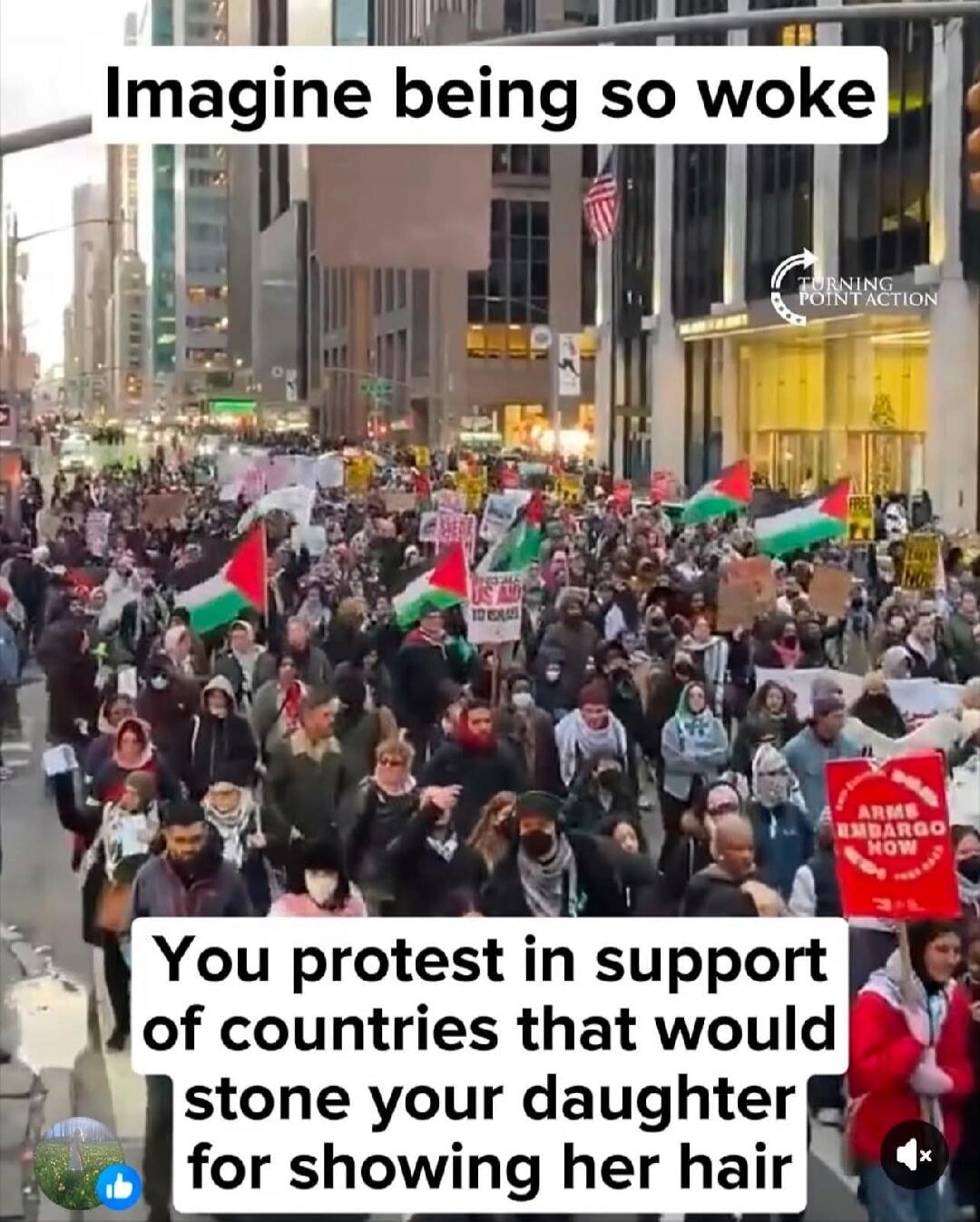 Imagine being so woke. You protest in support of countries that would stone your daughter for showing her hair.