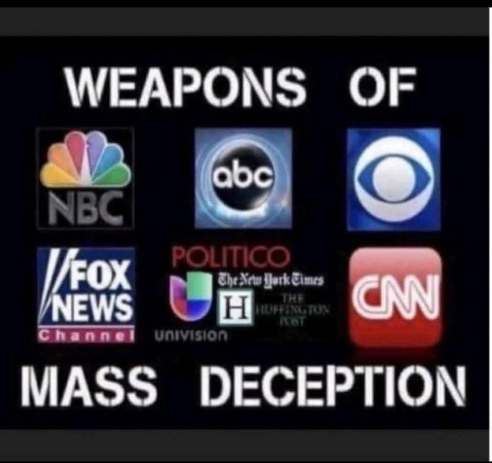 WEAPONS OF MASS DECEPTION. Logos of NBC, ABC, CBS, Fox News, Politico, Univision, The New York Times, The Huffington Post, CNN are displayed.