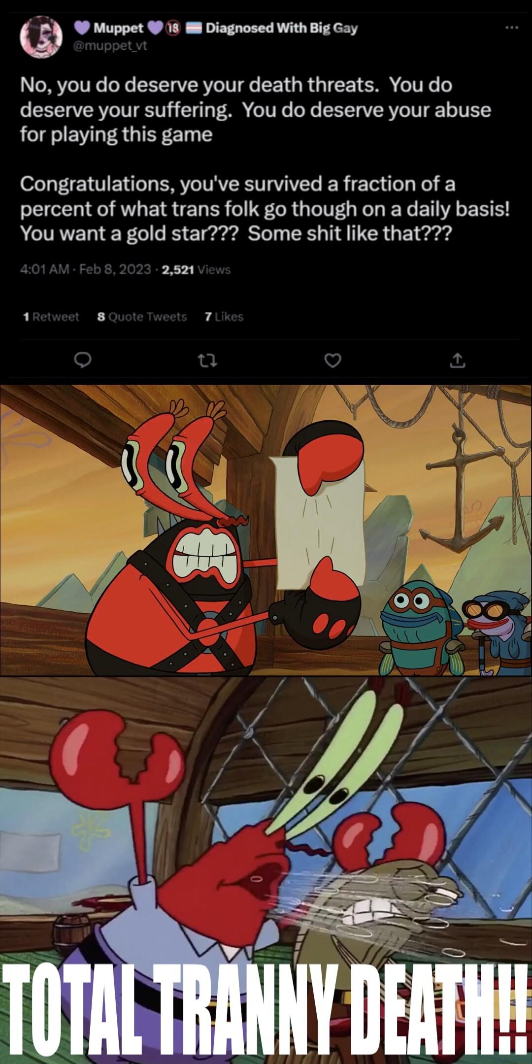 Muppet 18 8 Diagnosed With Big Gay No you do deserve your death threats You do deserve your suffering You do deserve your abuse for playing this game Congratulations youve survived a fraction of a percent of what trans folk go though on a daily basis You want a gold star Some shit like that 25m