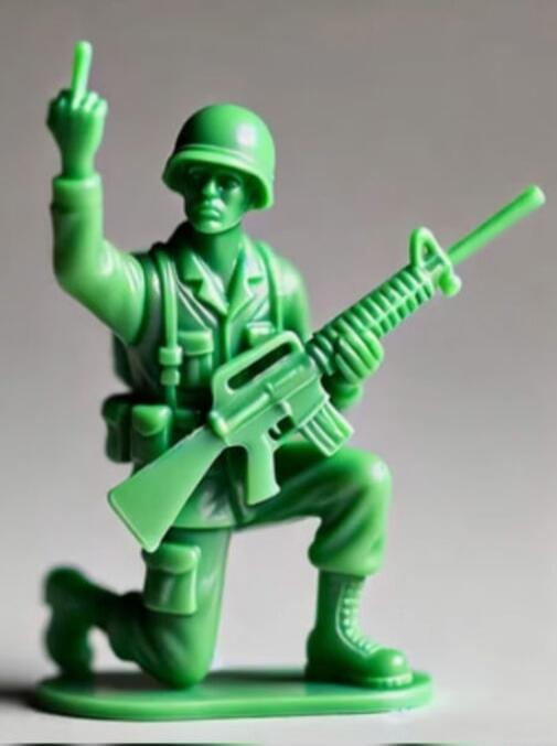 Green plastic toy soldier raising the middle finger.