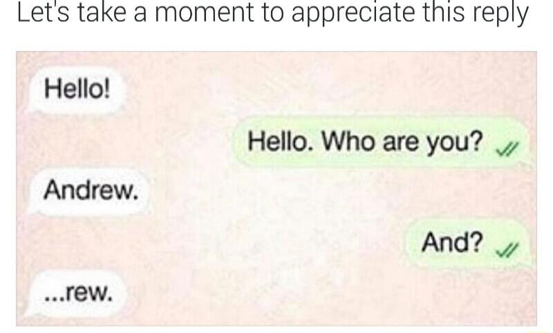 Lets take a moment to appreciate this reply Hello Hello Who are you Andrew And wrew