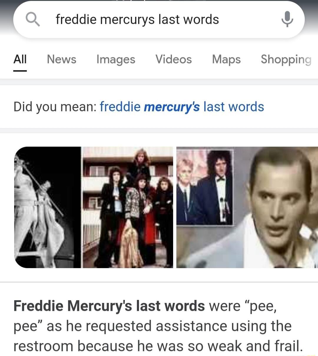 freddie mercurys last words 4 Al News Images Videos Maps Shoppin Did you mean freddie mercurys last words Freddie Mercurys last words were pee pee as he requested assistance using the restroom because he was so weak and frail