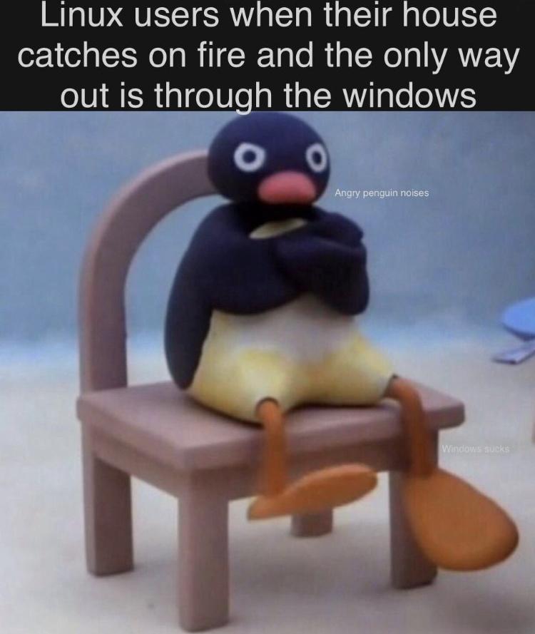 Inux users when their house catches on fire and the only way out is through the windows