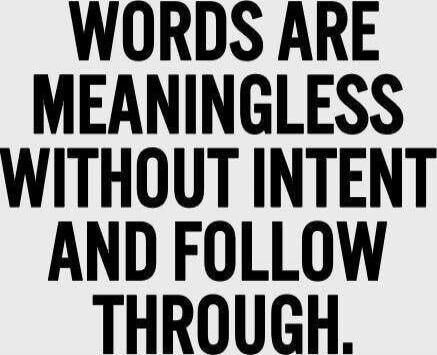 WORDS ARE MEANINGLESS WITHOUT INTENT AND FOLLOW THROUGH.