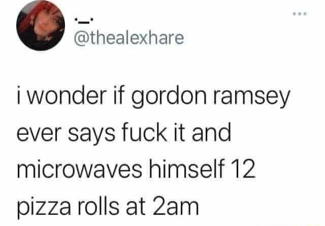 _Jthealexhare i wonder if gordon ramsey ever says fuck it and microwaves himself 12 pizzarolls at 2am