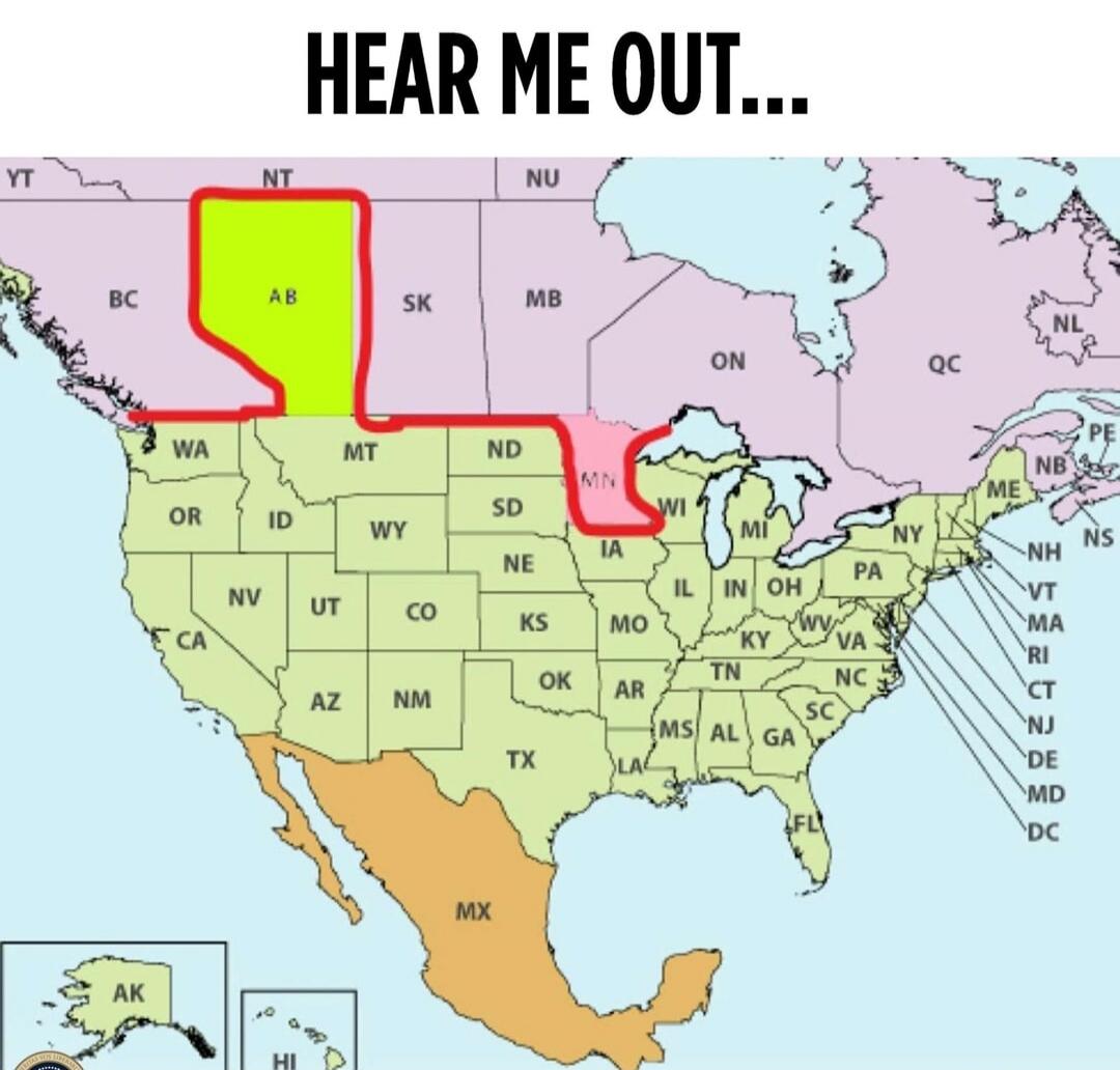 HEAR ME OUT...
[Map of the United States with a region labeled 'AB' highlighted in yellow and outlined in red.]