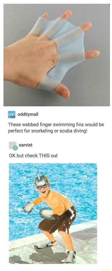 odditymall These webbed finger swimming fins would be perfect for snorkeling or scuba diving xarvist e OK but check THIS out