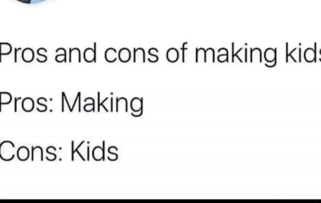 Pros and cons of making kids. Pros: Making. Cons: Kids.