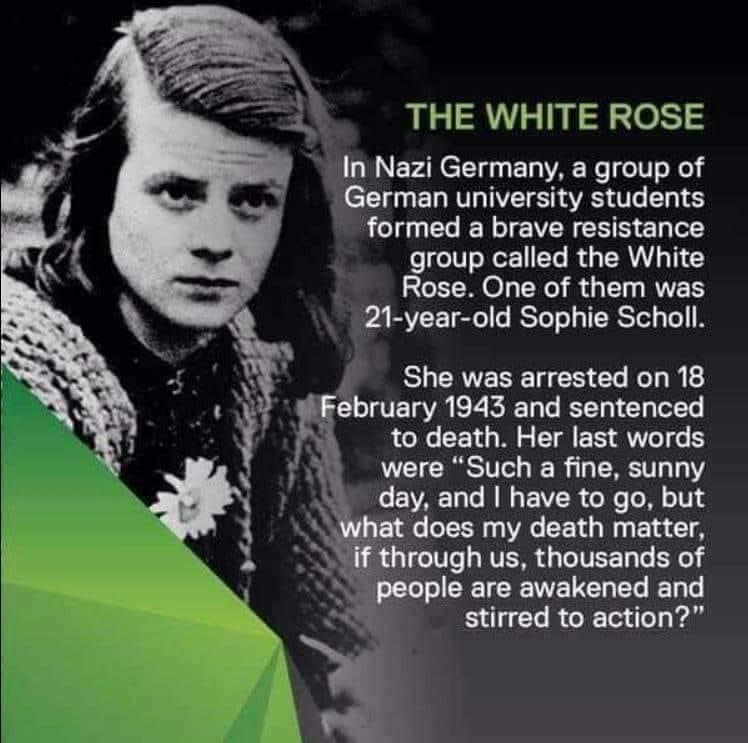 THE WHITE ROSE In Nazi Germany a group of German university students formed a brave resistance group called the White Rose One of them was ARV ol lo BSToTol IR ol o K SHERVESE R e Wi tfebruary 1943 and sentenced J todeath Her last words Y a were Such a fine sunny NN e EIVAET s ML EIVER e TN o1V 4 ghat does my death matter if through us thousands of people are awakened and stirred to action