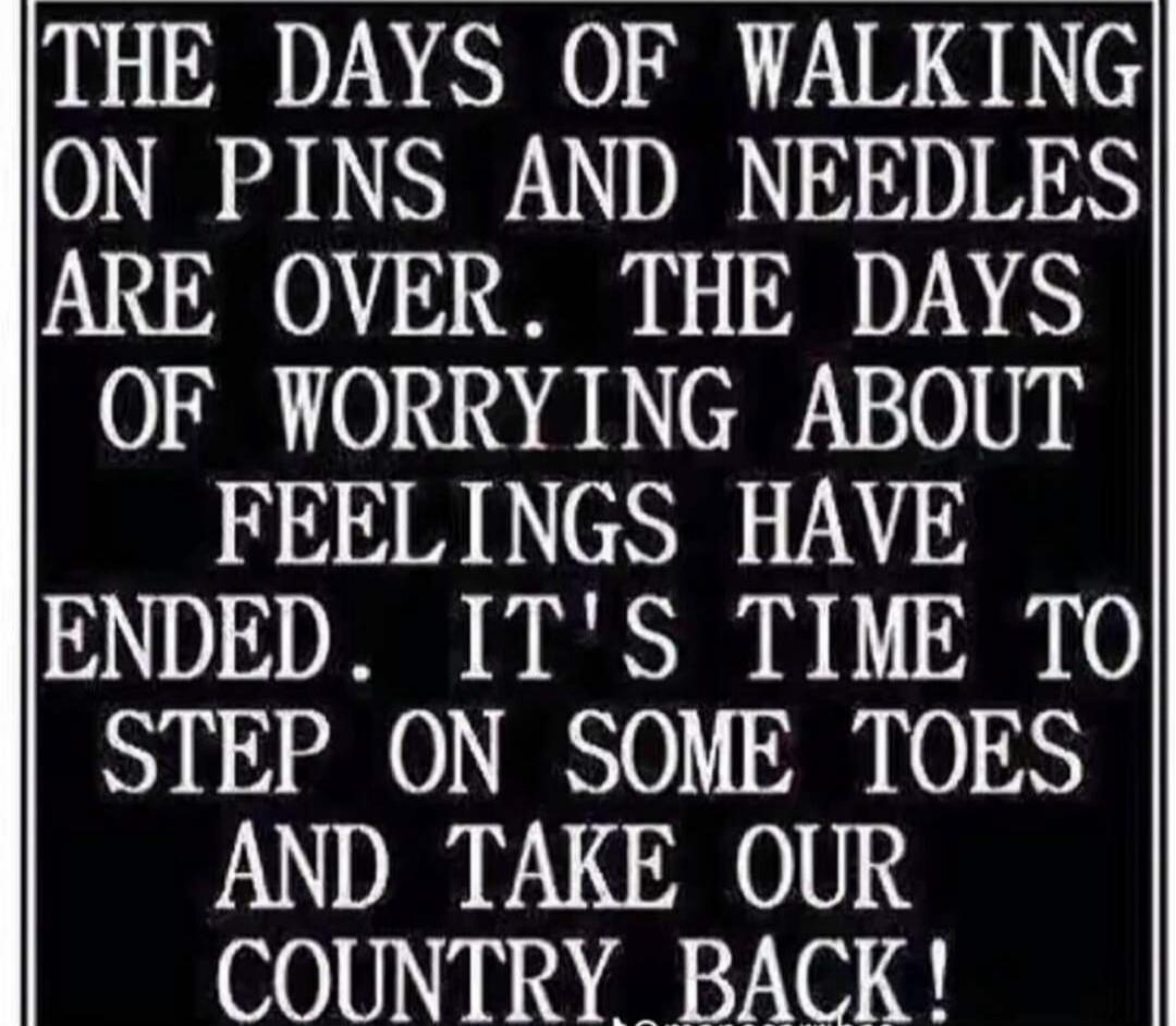 THE DAYS OF WALKING ON PINS AND NEEDLES ARE OVER. THE DAYS OF WORRYING ABOUT FEELINGS HAVE ENDED. IT'S TIME TO STEP ON SOME TOES AND TAKE OUR COUNTRY BACK!