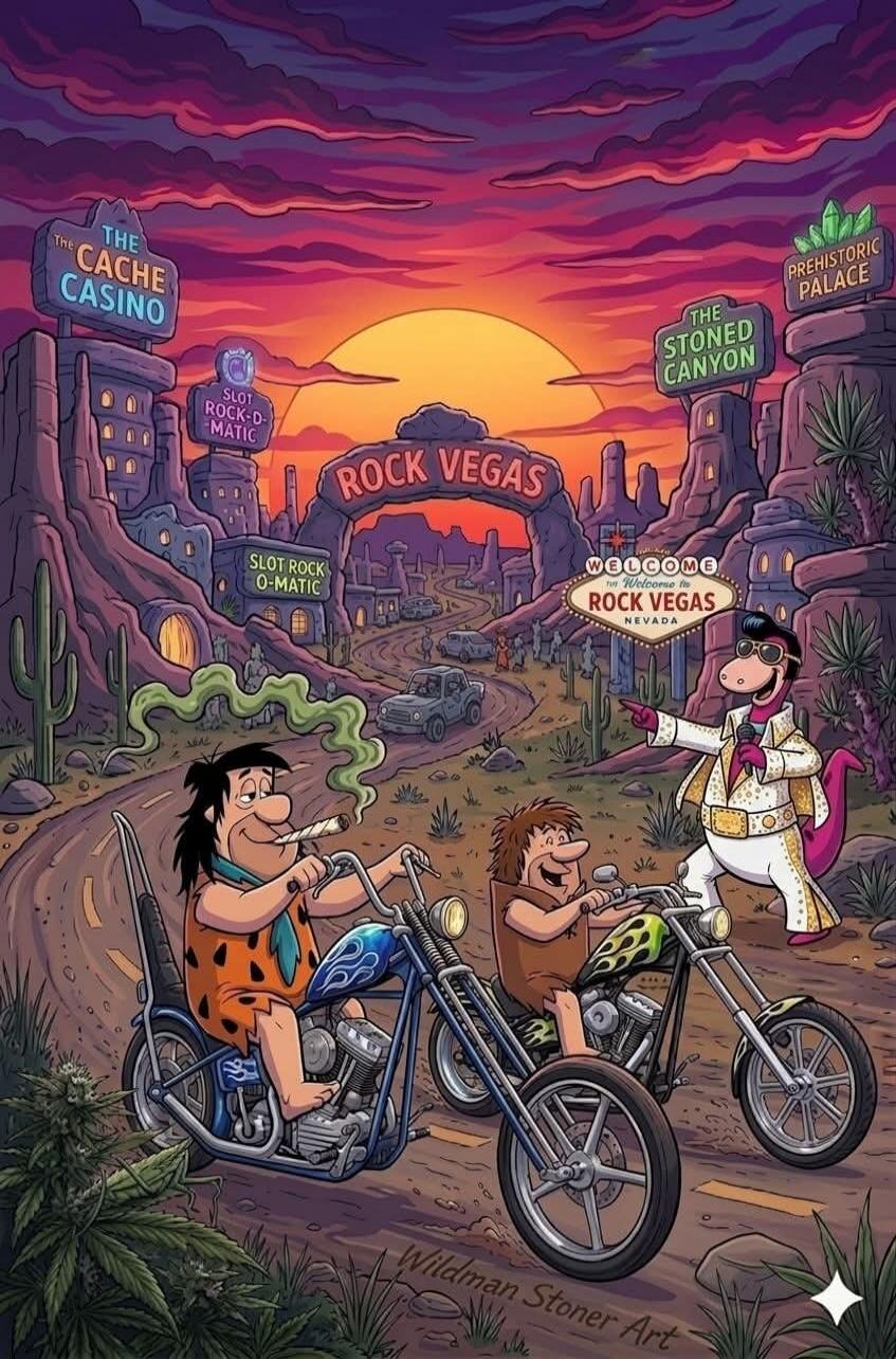 THE CACHE CASINO SLOT ROCK-D-MATIC ROCK VEGAS SLOT ROCK O-MATIC THE STONED CANYON PREHISTORIC PALACE WELCOME TO ROCK VEGAS NEVADA Wildman Stoner Art