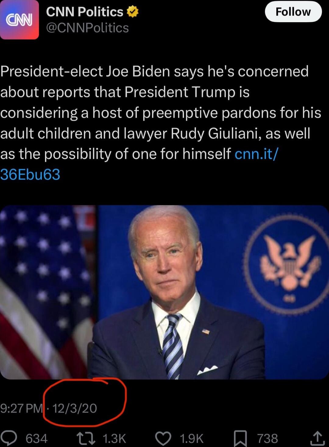 CNN Politics Nl el President elect Joe Biden says hes concerned about reports that President Trump is considering a host of preemptive pardons for his adult children and lawyer Rudy Giuliani as well as the possibility of one for himself cnnit 36Ebu63 TR S I I N s N O 634 T 13k Q 19K 738