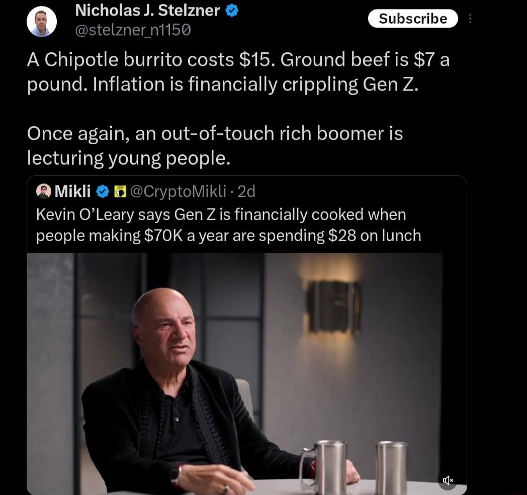 Nicholas J. Stelzner @stelzner_n1150 Subscribe A Chipotle burrito costs $15. Ground beef is $7 a pound. Inflation is financially crippling Gen Z. Once again, an out-of-touch rich boomer is lecturing young people. Mikli @CryptoMikli 2d Kevin O'Leary says Gen Z is financially cooked when people making $70K a year are spending $28 on lunch