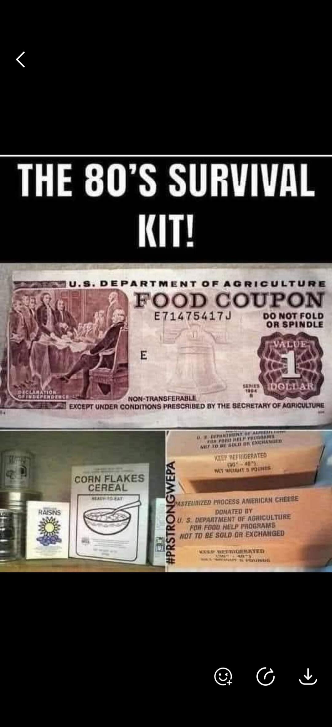 THE 80'S SURVIVAL KIT! U.S. DEPARTMENT OF AGRICULTURE FOOD COUPON E71475417J VALUE 1 DOLLAR DO NOT FOLD OR SPINDLE NON-TRANSFERABLE EXCEPT UNDER CONDITIONS PRESCRIBED BY THE SECRETARY OF AGRICULTURE DECLARATION OF INDEPENDENCE CORN FLAKES CEREAL READY-TO-EAT RAISINS PASTEURIZED PROCESS AMERICAN CHEESE DONATED BY U.S. DEPARTMENT OF AGRICULTURE FOR F