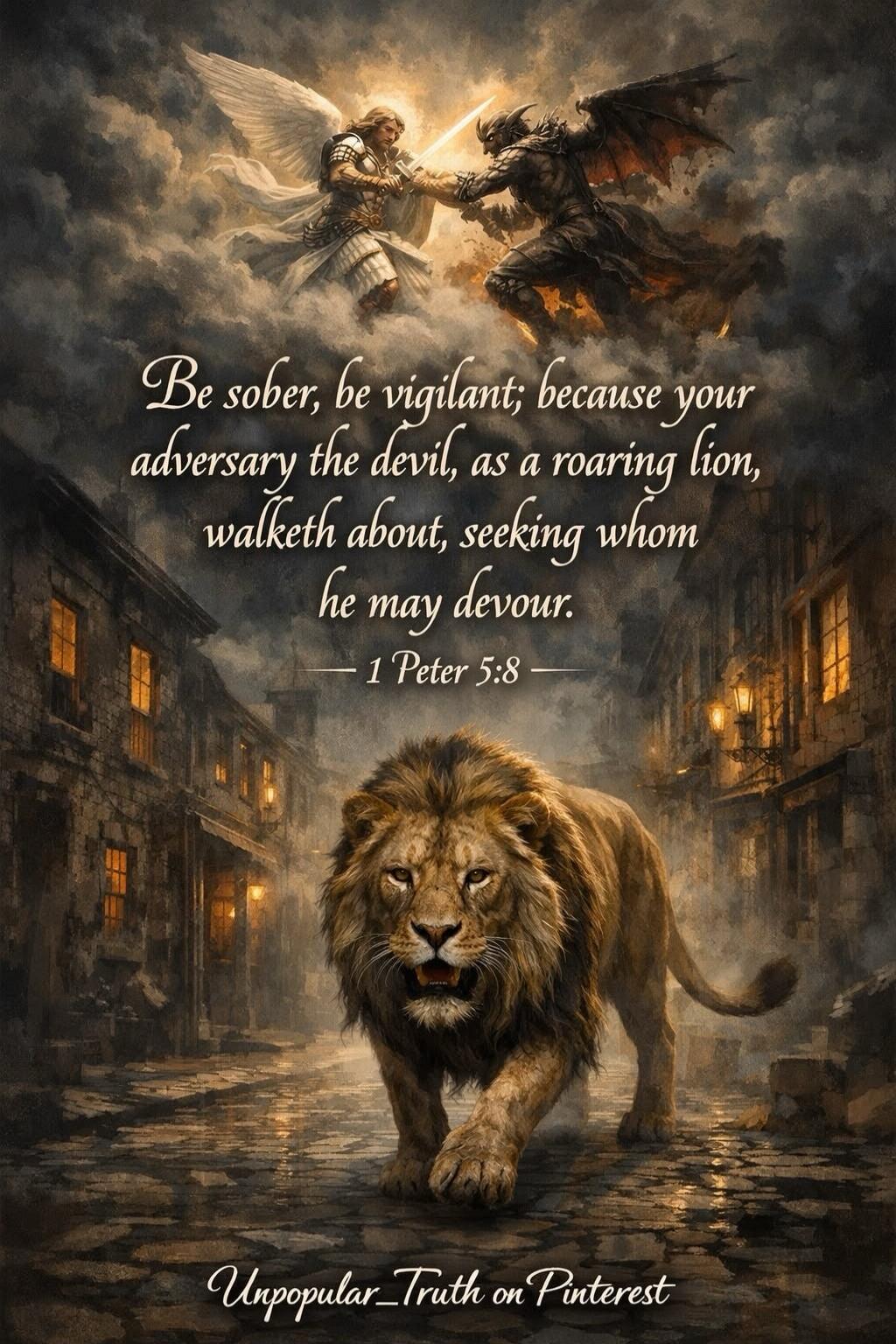 Be sober, be vigilant; because your adversary the devil, as a roaring lion, walketh about, seeking whom he may devour. — 1 Peter 5:8 — Unpopular_Truth on Pinterest